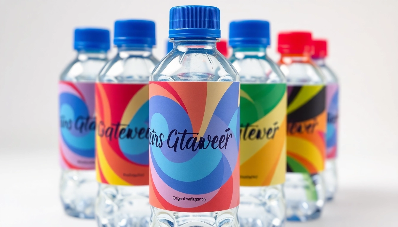 Engaging image showcasing eye-catching custom water bottle labels on bottles, emphasizing vibrant designs and waterproof features for branding or events.