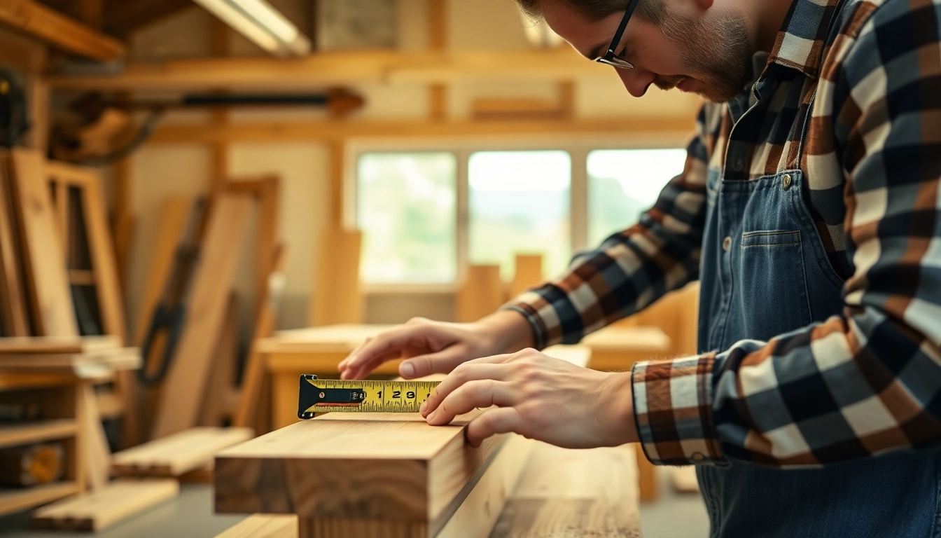 Professional carpenter working with wood and tools in a well-lit workshop, showcasing expert craftsmanship and attention to detail.