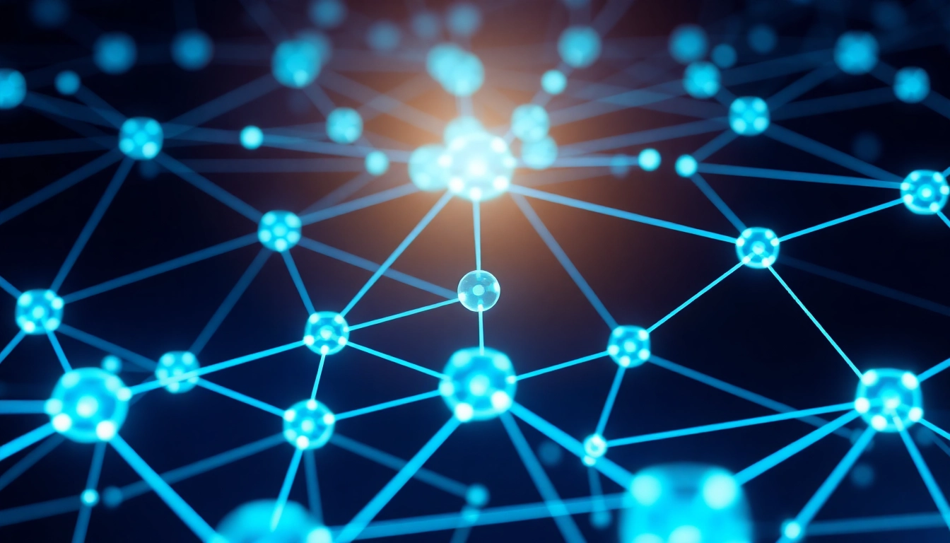 Blockchain network displaying interconnected nodes and cryptographic links, highlighting secure