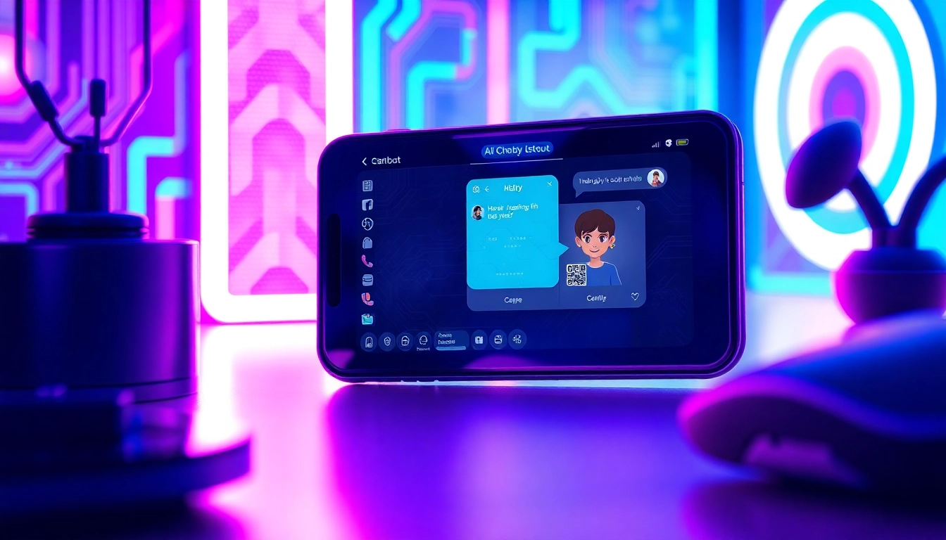 Futuristic digital interface showcasing customizable AI characters on a sleek device screen with neon accents and digital textures.