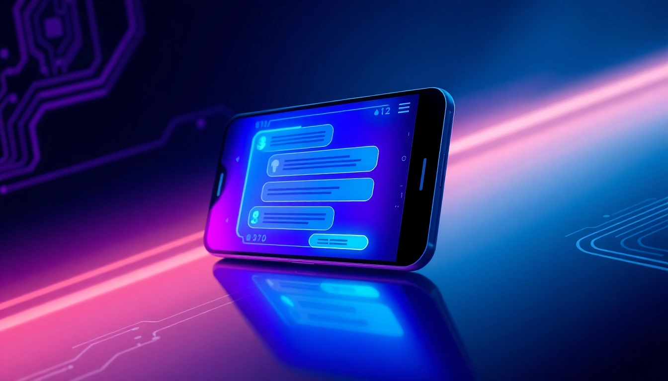 Futuristic AI chatbot interface with glowing neon accents on a sleek device screen, set in a dark digital environment.