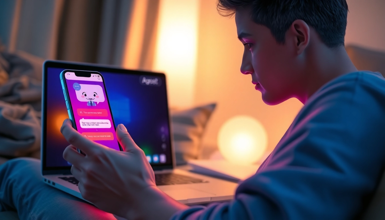 An illustration of a user interacting with an AI chatbot on a smartphone and laptop, with vibrant neon colors and a cozy, tech-inspired background.