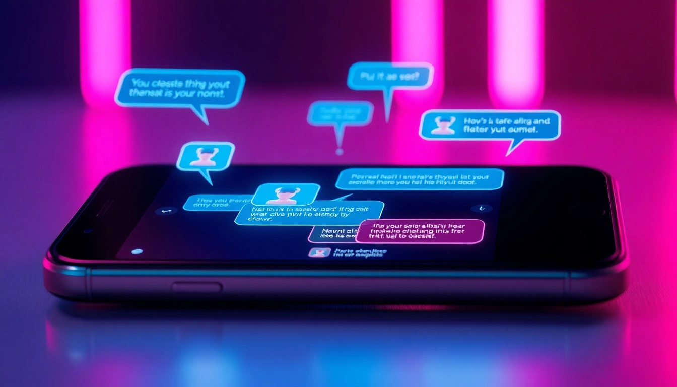 Close-up of a smartphone screen displaying an AI chat interface with colorful text bubbles and glowing icons, set against a vibrant neon background.
