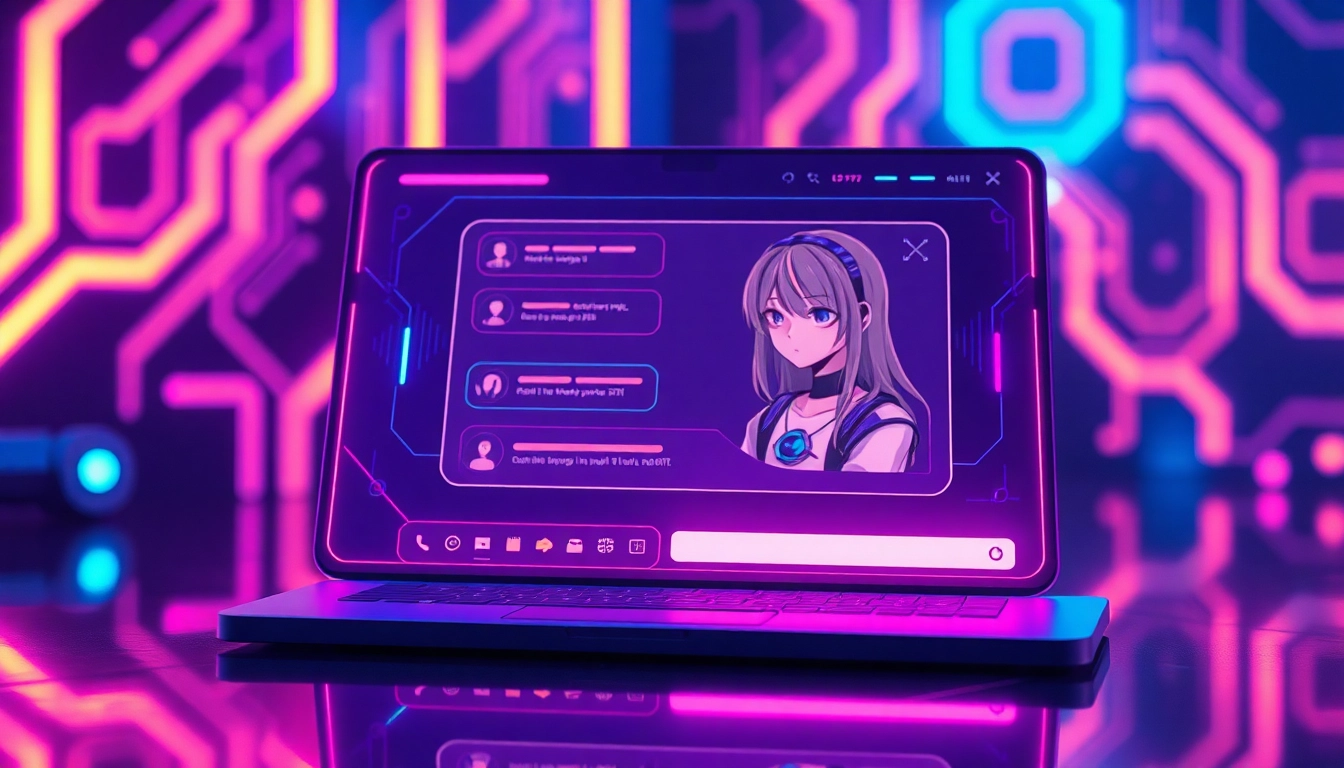 Futuristic chatbot interface with anime-inspired AI characters in a cyberpunk setting, glowing neon lights and high-tech background.
