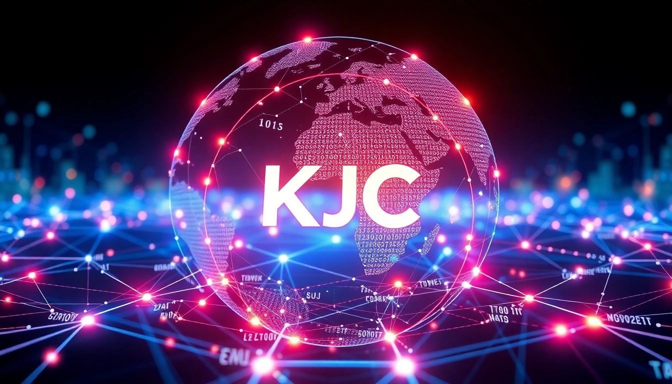 KJC logo within a dynamic digital network, symbolizing global connectivity and technological advancement in online entertainment platforms, conveying trust and innovation.