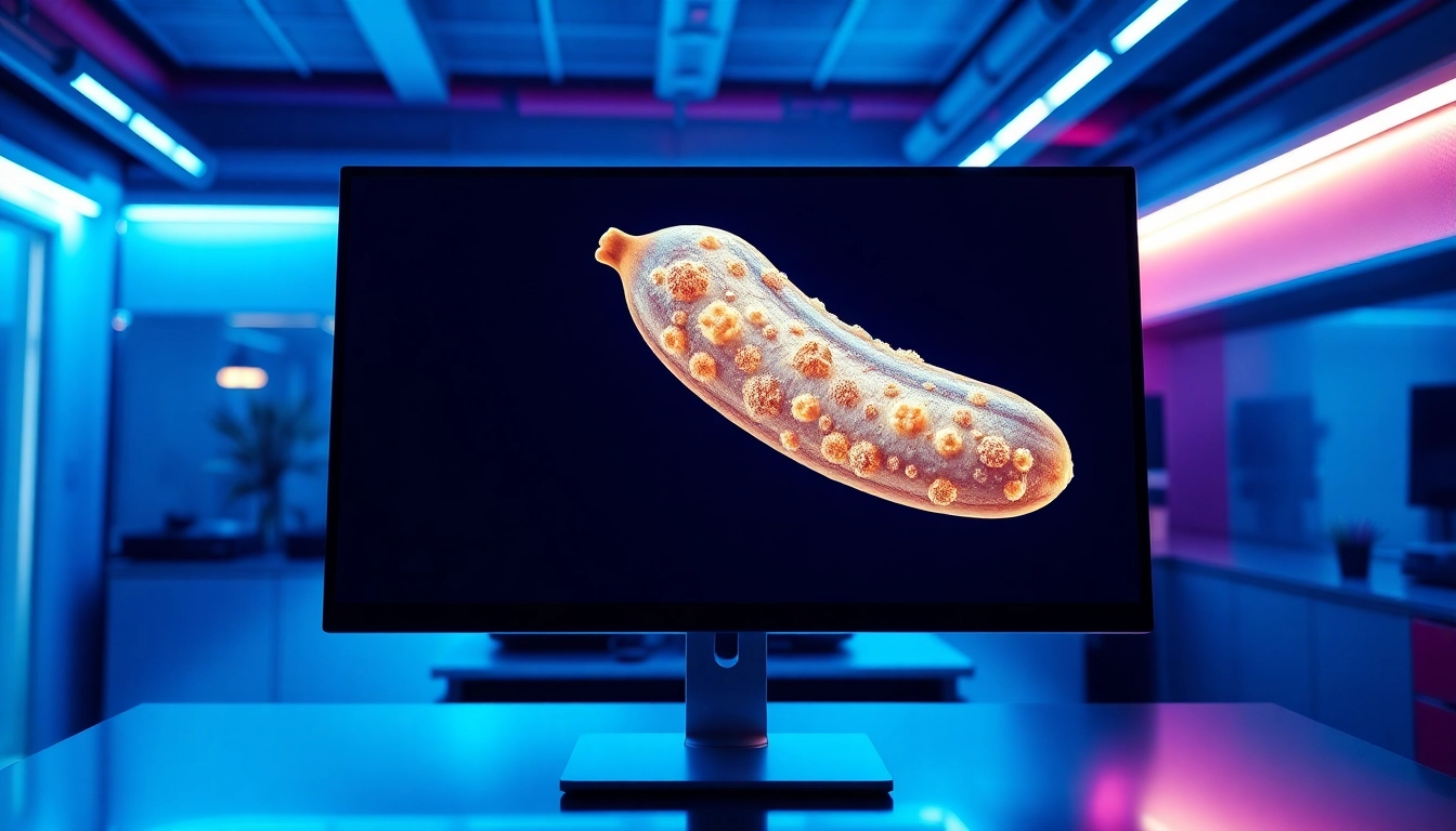 Close-up of a glowing nano banana displayed on a high-tech computer screen in a futuristic workspace