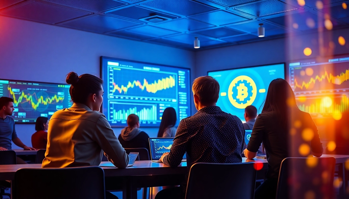 Engaging crypto learning session with learners exploring blockchain graphics and crypto charts to boost understanding of digital currencies.