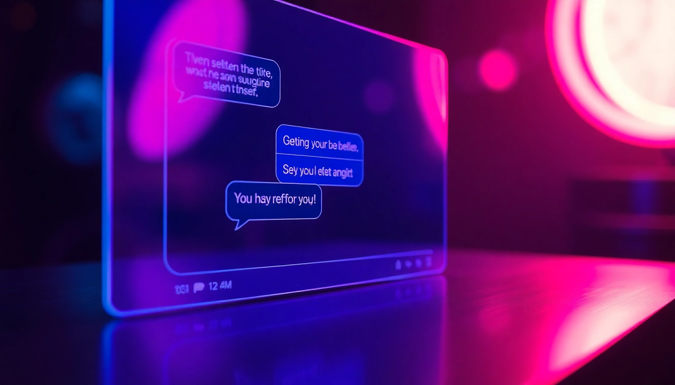 Futuristic digital chat interface with neon colors and suggestive text bubbles