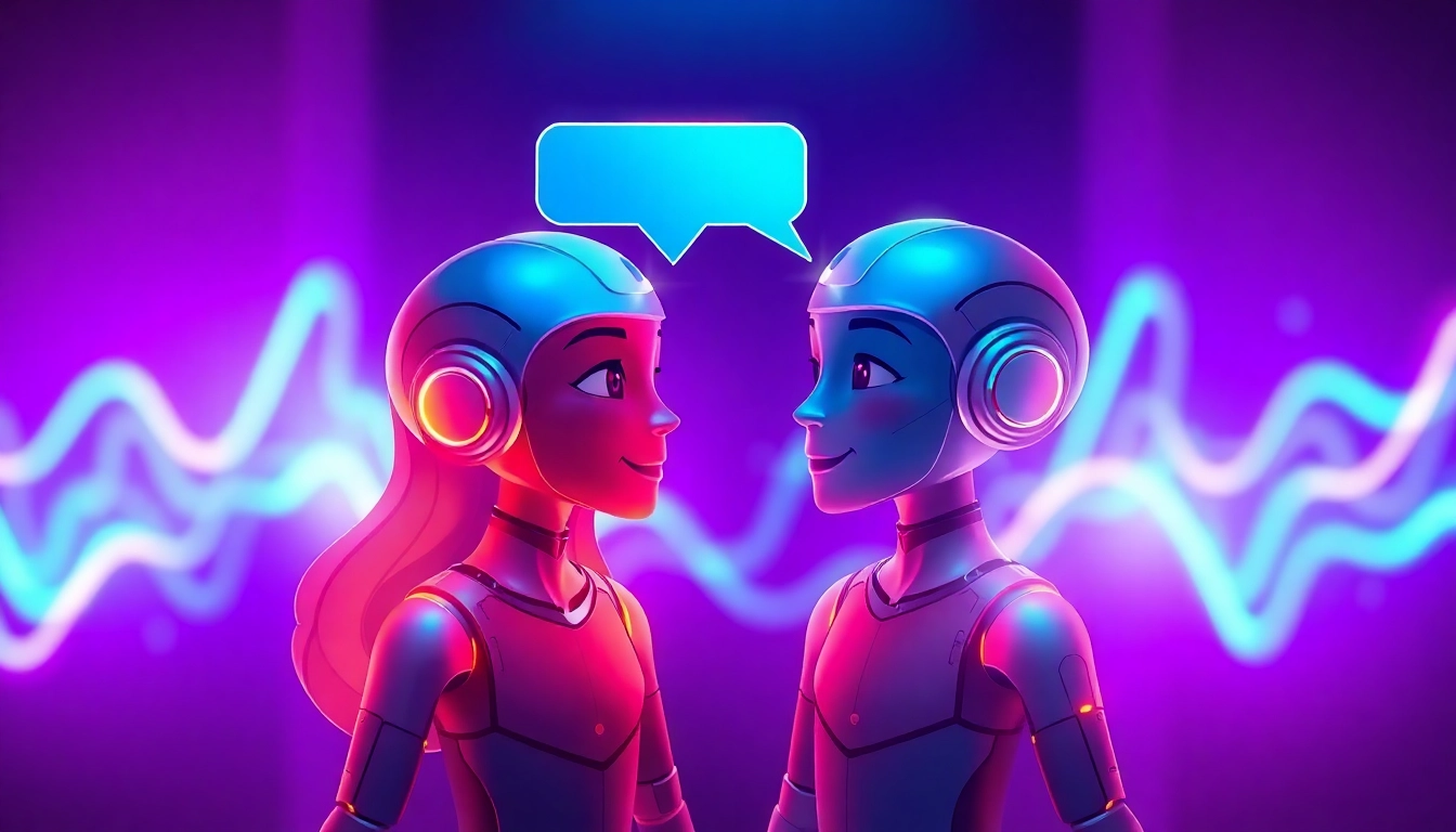 An illustration of two stylized AI chat characters engaging in conversation within a sleek digital interface, featuring vibrant neon colors and a modern, tech-inspired background.