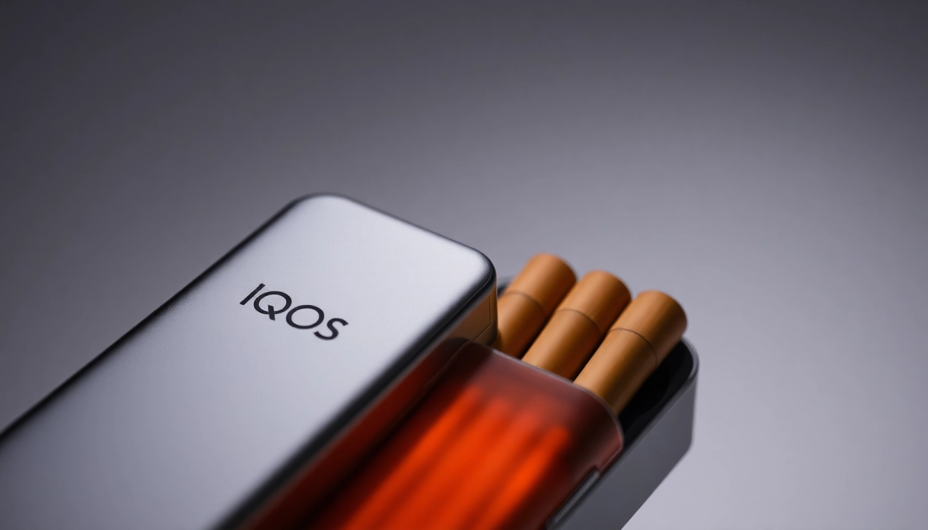 Heets sigara tobacco sticks inserted into a sleek IQOS device, showcasing modern heated tobacco technology for adult users.