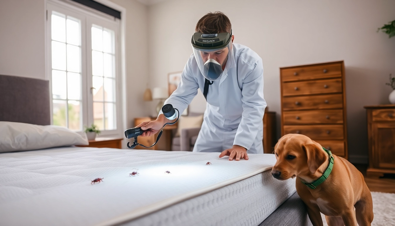 Pest control technician inspecting a bedroom for bedbugs with detection tools and dogs present.