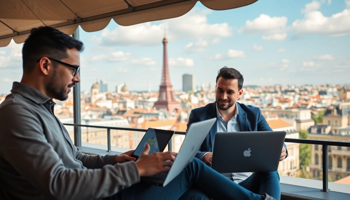 Professionals working remotely in the French freelance market with city views and digital