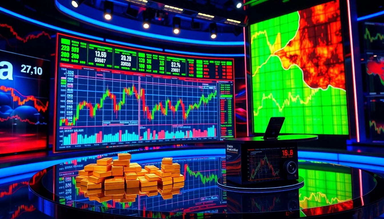 Up-to-date Best Stock Trading News headlines on a digital screen with stock graphs and gold,