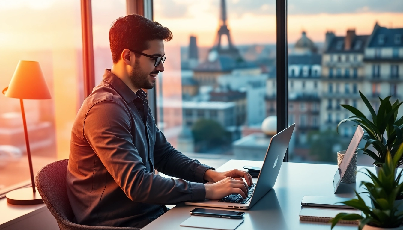 Freelancer working remotely to succeed in the French freelance market with vibrant cityscape