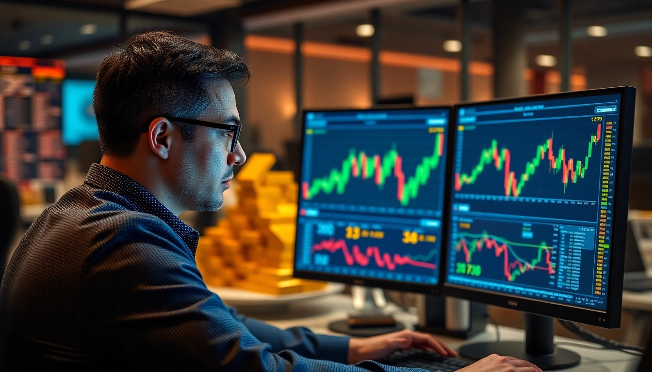 Best Stock Trading News insights with trader reviewing market charts and gold record in the