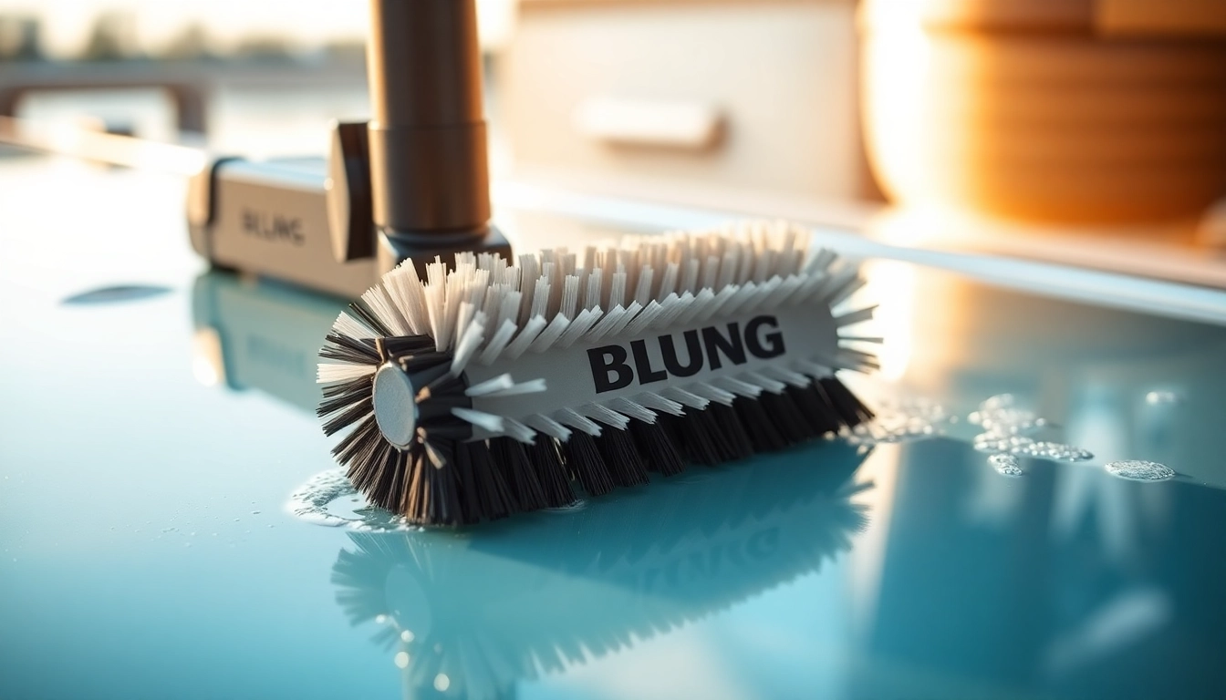 Blung cleaning brush in action on boat surface, demonstrating professional care and tool